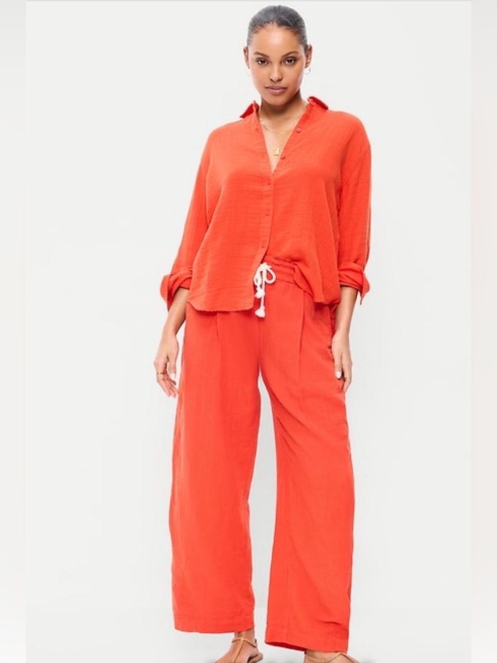 Old Navy Women's Crinkle- Linen Blend Set in Ornament Orange -NWT
